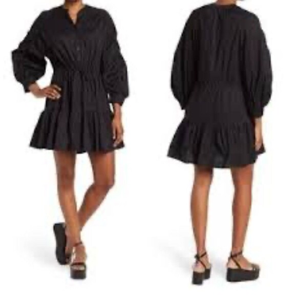 ASTR the Label Dress Womens S Black Ruched Flounce Mini Shirtdress Button Tie - Picture 1 of 11
